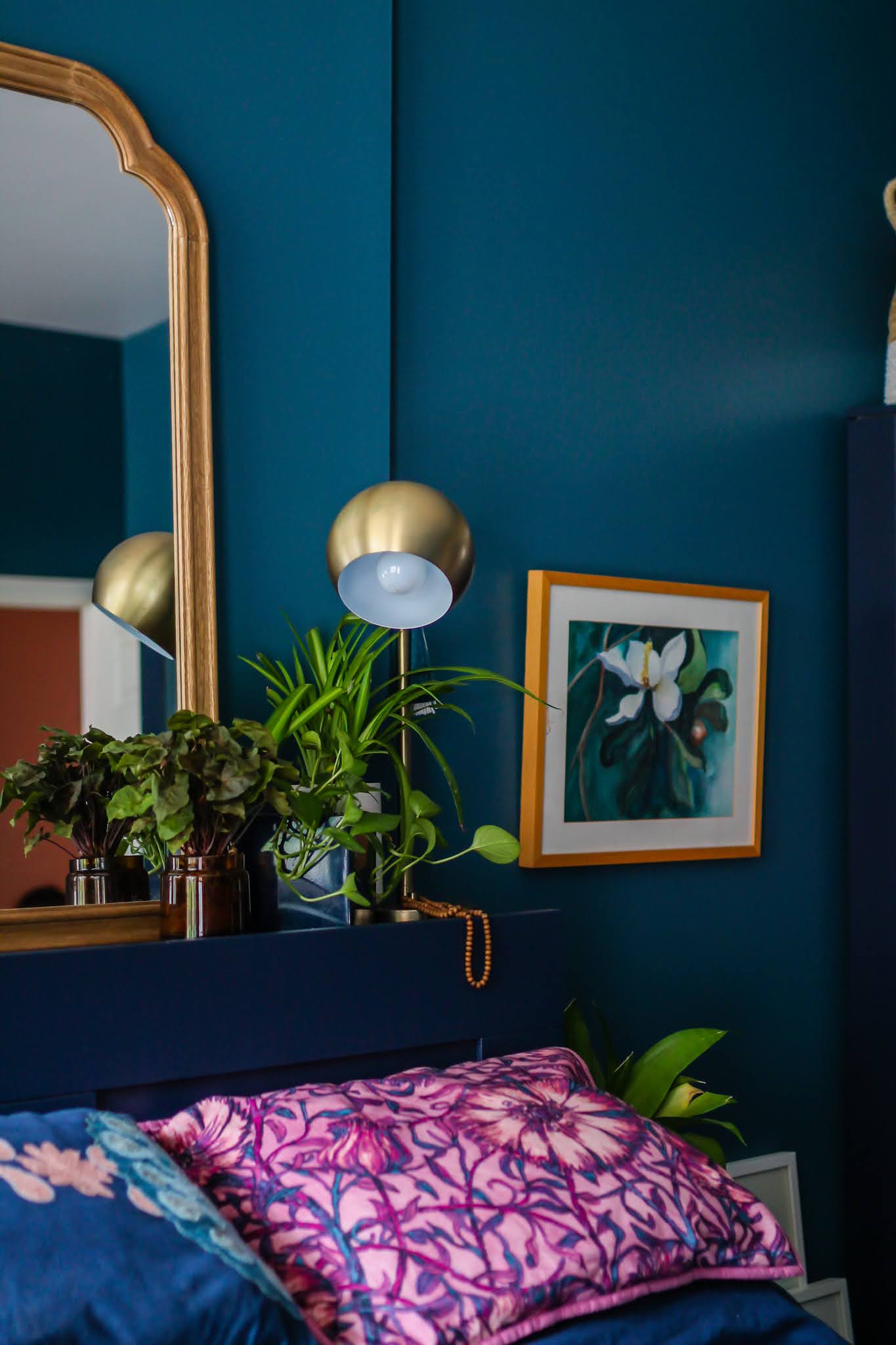 Clare Deep Dive Paint // Clare Goodnight Moon Paint //  Teal Bedroom // Navy Furniture // Green Blue Wall Paint // Deep and Moody Bedroom Inspo // Dark Blue Bedroom Inspo // Blue Bedroom Ideas // Teal Bedroom Ideas // Jeweltone Bedrooms // Jeweltone Bedroom Inspiration // Jeweltone Bedroom Inspo // Boho Bedroom Ideas // Plant Filled Bedroom // How To Paint Ikea Furniture // Paint Your Ikea Brimnes Wardrobe // Ikea Brimnes Hack // Easy Ikea Hacks // Ikea Brimnes Bed Hack // Plants On Headboard // Plants near bed // Plant filled decor // jungalow style  ideas // plants in bedroom