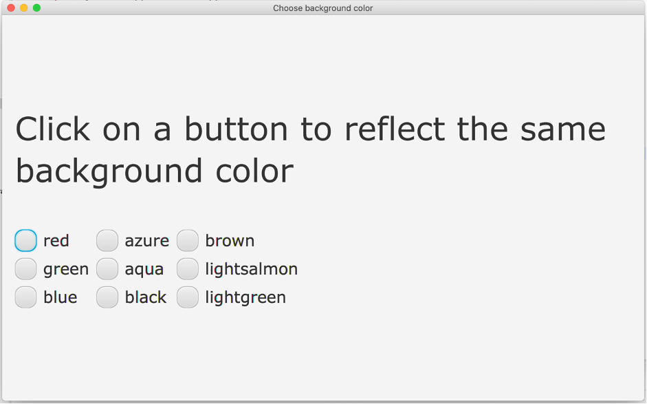 Programming for beginners: JavaFX: Radio button demo: Change background  color of window