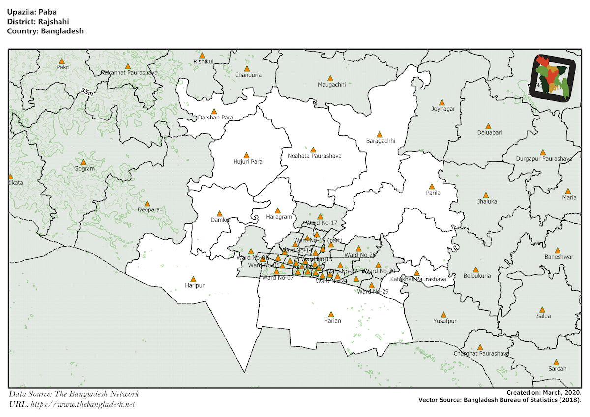 Paba Upazila Elevation Map Rajshahi District Bangladesh