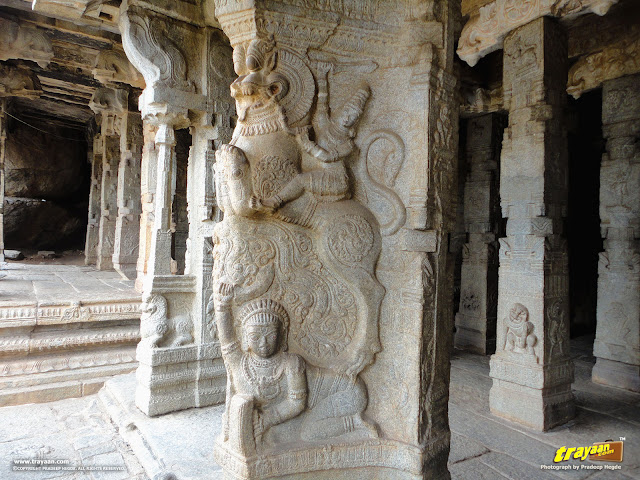 100 pillared Ranga Mandapa or Dance Hall, with Intricately sculpted pillars inside the Veerabhadra Swamy Temple at Lepakshi, in Andhra Pradesh, India