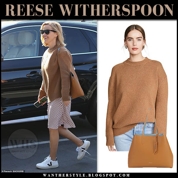 Reese Witherspoon in camel sweater and white sneakers in Santa Monica ...