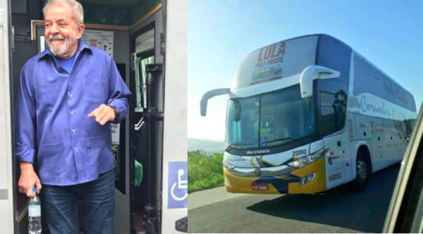 Lula descendo do ônibus uma cena que se repetiu dezenas de vezes nesta caravana