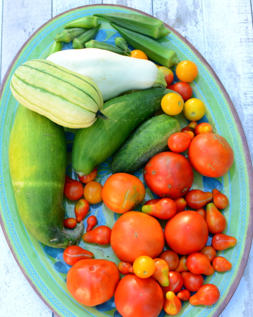 Platter of fresh summer vegetables, summer squash, cucumbers and tomatoes ♥ KitchenParade.com