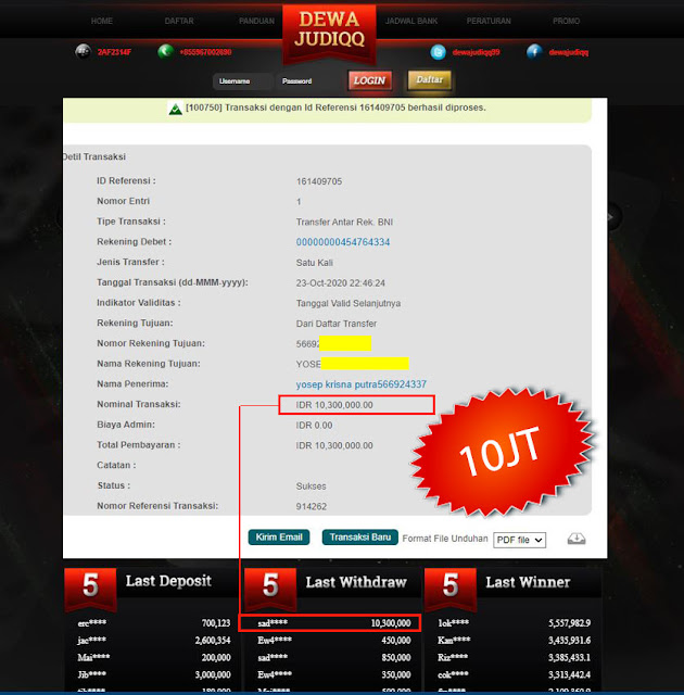 BUKTI TRANSFER DEWAJUDIQQ 10.300.000