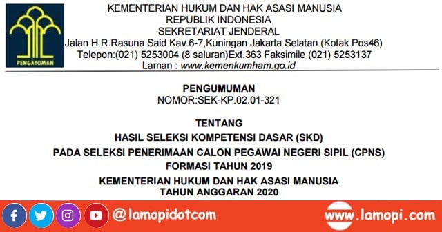  Berdasarkan pengumuman Kementerian Hukum dan Hak Asasi Manusia Republik Indonesia yang di Pengumuman Hasil SKD CPNS KEMENKUMHAM 2020 | Link Download Alternatif