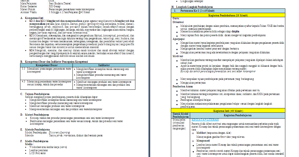 Rpp 1 Lembar Seni Budaya Seni Teater Kelas 12 Sma Ma Semester 2 Antapedia Com