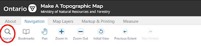 Screen capture of the menu bar with Navigation selected and the Search button highlighted from the Ontario "Make a Topographic Map" site.