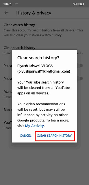 how to delete search history on youtube