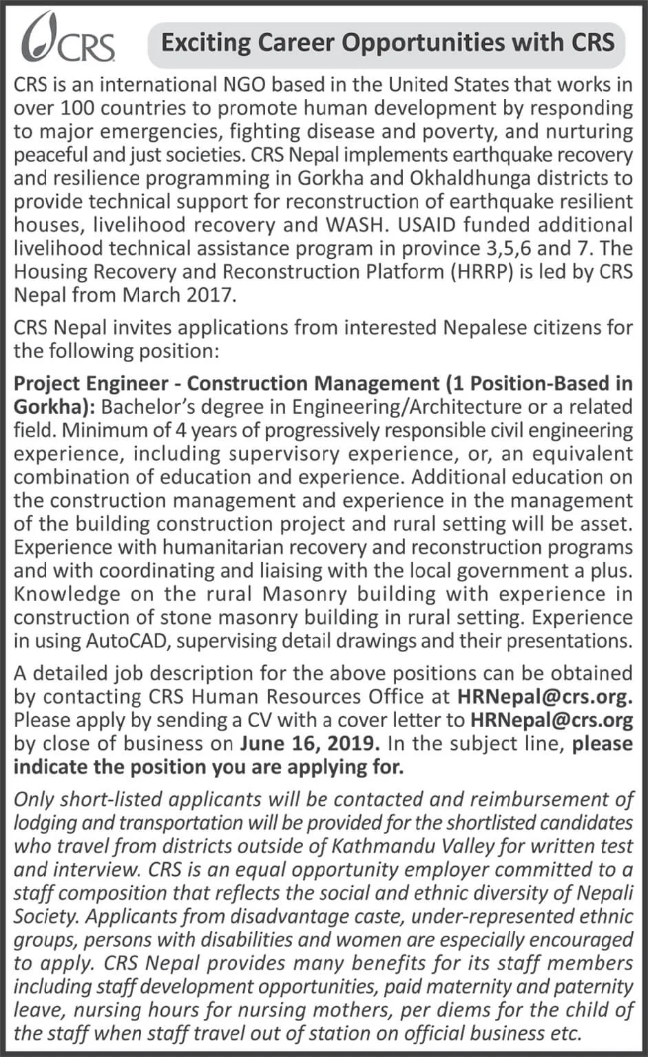Vacancy for Project Engineer at CRS Nepal (INGO)