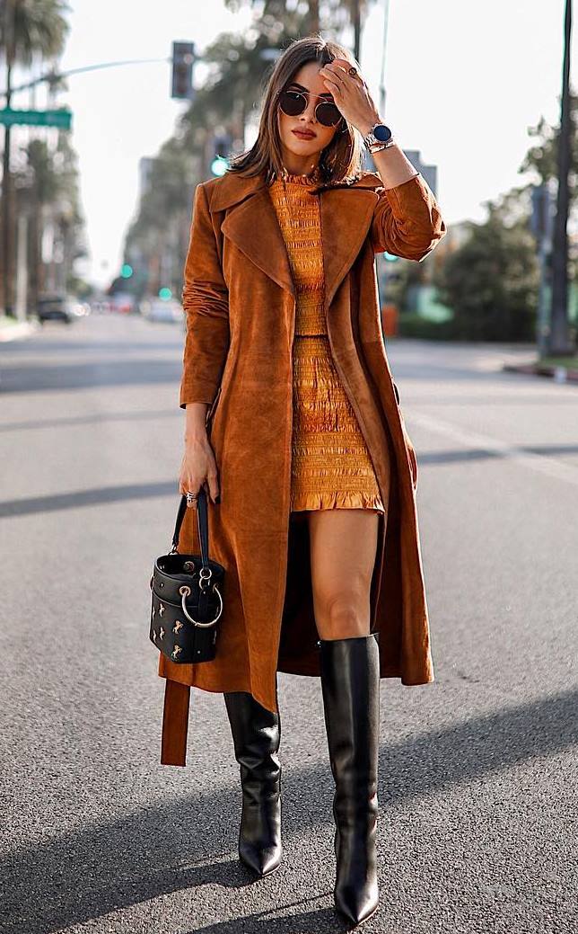 fashionable winter outfit / boots + skirt + top + brown coat + bag