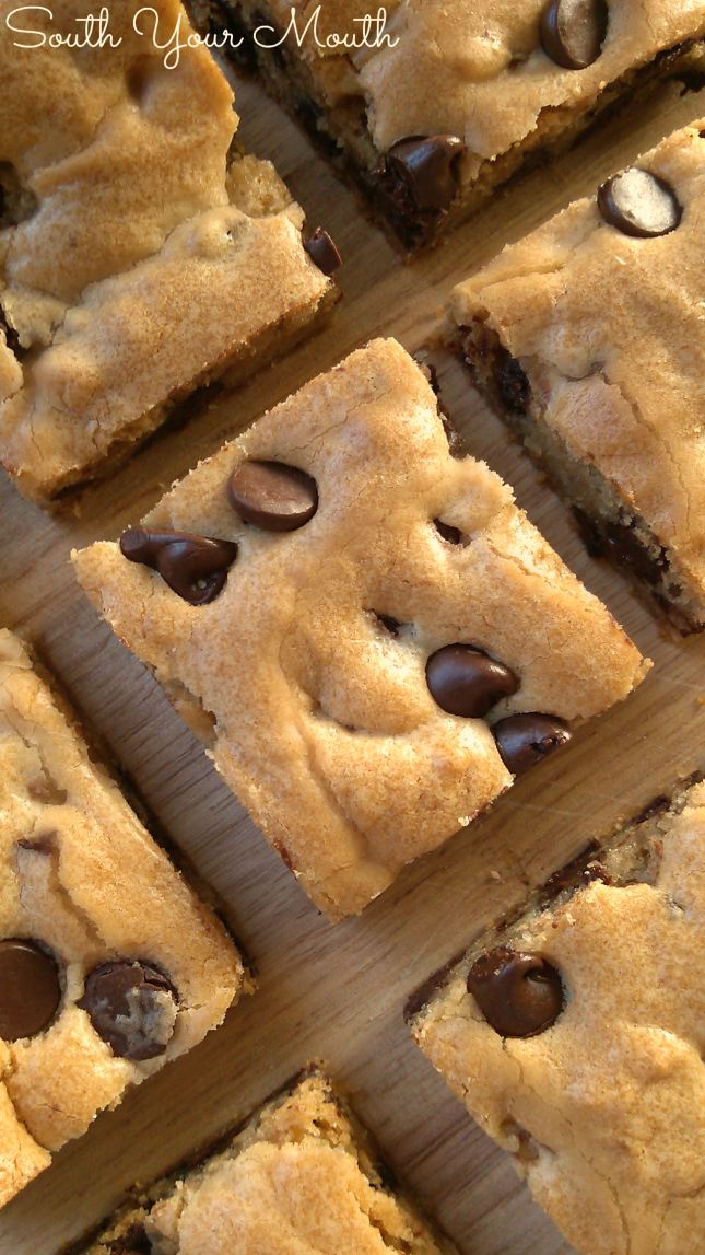 Chewy Chocolate Chip Cookie Bars. I like to make these for Valentine's Day or Christmas by adding a handful of holiday M&Ms to the top before baking!