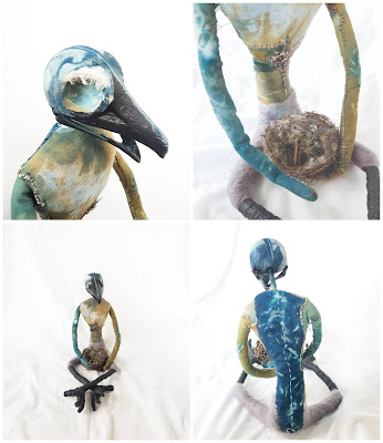 Silver Crow Carmen Wing: Cyanotype Textile Art Doll