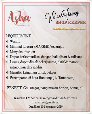 Lowongan Kerja Shop Keeper Asha Online Shop