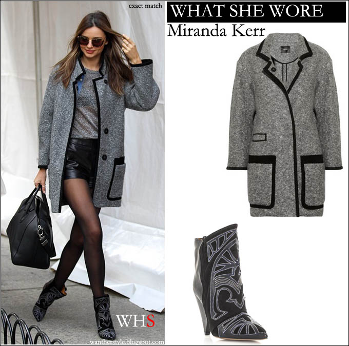 WHAT SHE WORE: Miranda Kerr in grey boucle coat with black trims and