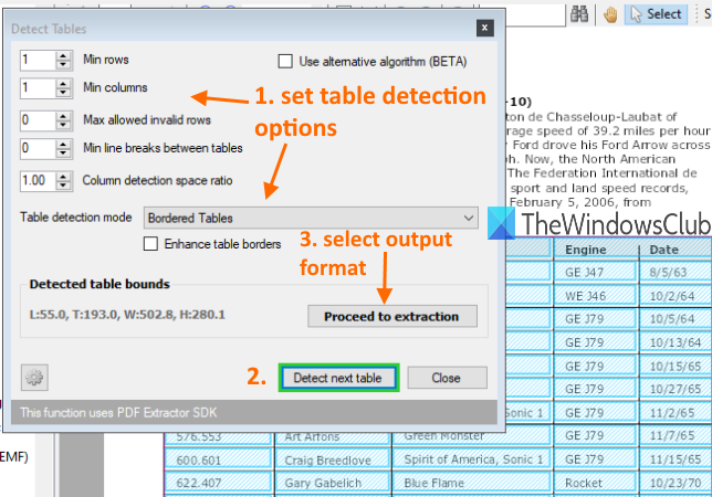 rilevare tabelle e salvare tabelle pdf con l'output selezionato