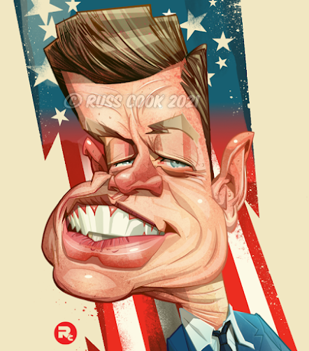 Digital caricature portrait of former US President, John F Kennedy. Created by Russ Cook in Sketchbook Pro and Affinity Phot