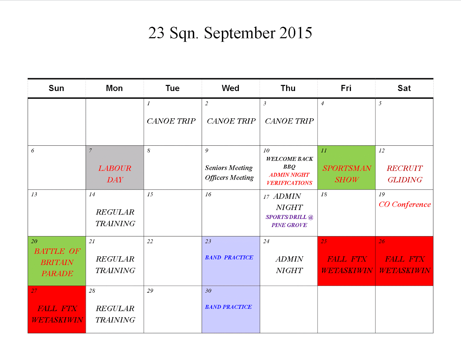 23 Squadron Air Cadets Squadron Calendar September & October