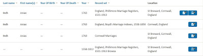 Screen capture of search results for Josias Inch in Parish Marriages on Findmypast.com
