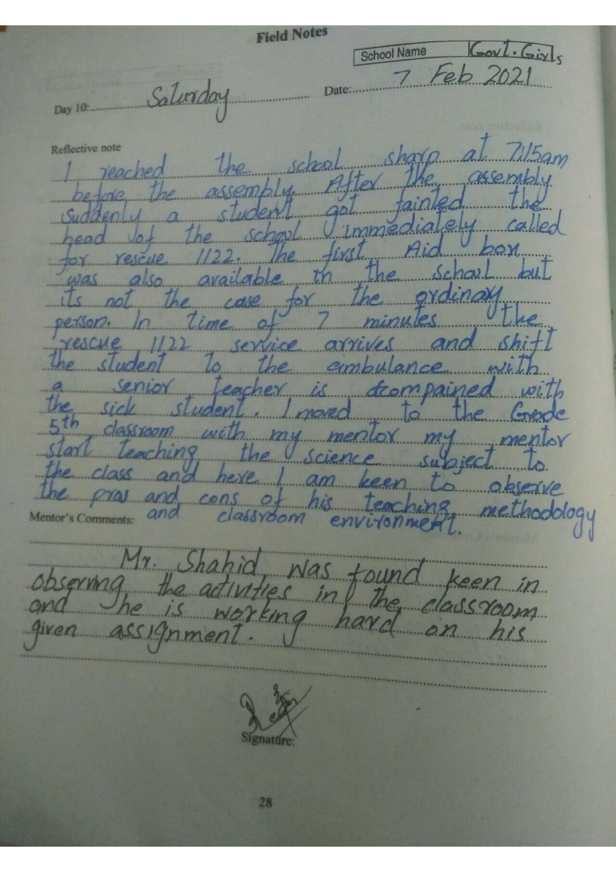 AIOU B.ED Teaching Practice I 8607 Solved 14 Field notes in pdf