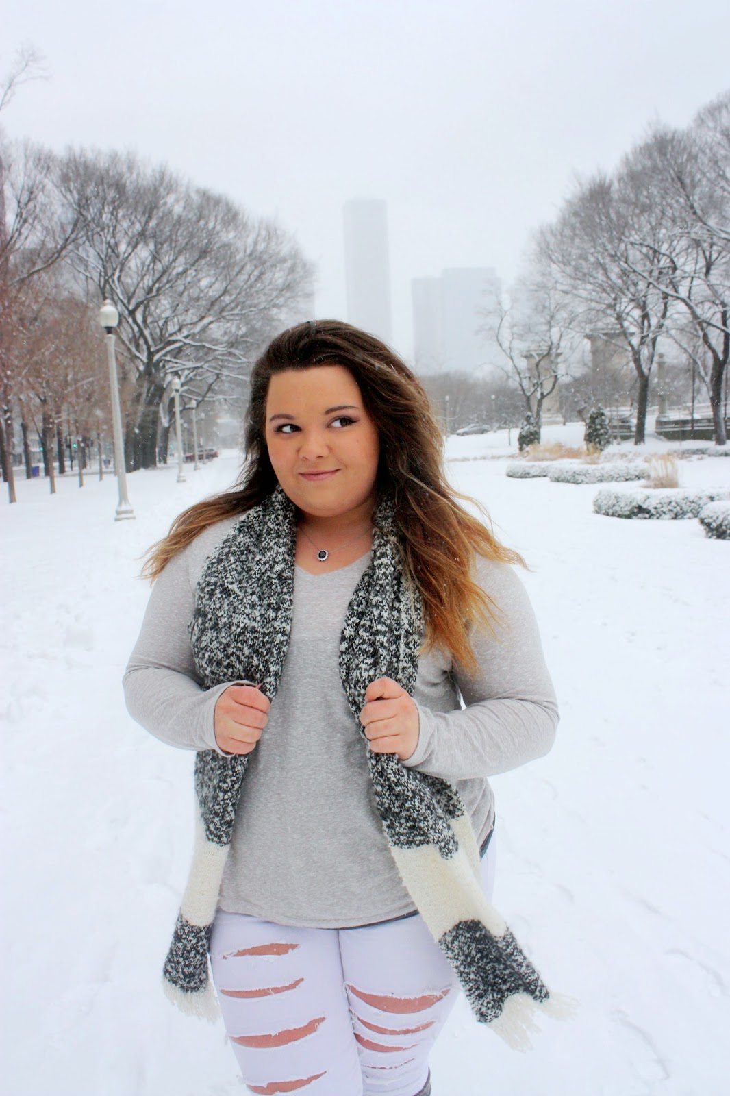 Natalie Craig, chicago, natalie in the city, plus size fashion blogger, curvy girls, fatshion, winter fashion 2015, what to wear, ootd, winter whites, snow day, what to wear snow, bbw, scarves, DIY destroyed denim, white denim, how to cut denim, ombre, thicks girls, knee high socks, how to wear a scarf, Forever 21, shopcade, chicago bloggers network, grant park