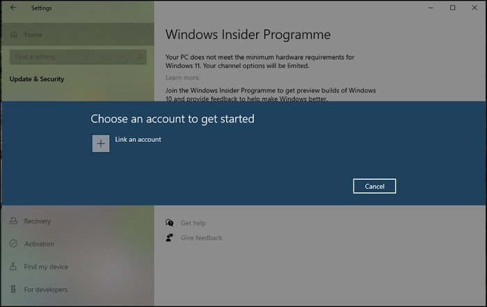 Windows Insider เลือกบัญชี