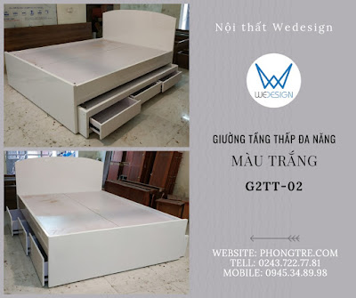 Giường tầng thấp có 6 ngăn kéo G2TT-02 màu trắng kê giữa phòng ngủ