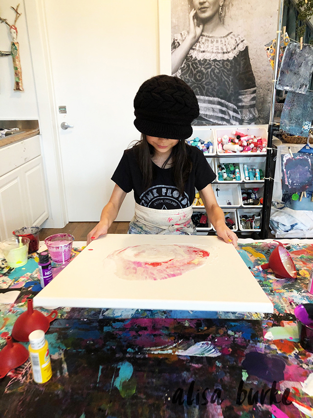 creating with a kid- funnel paint pouring