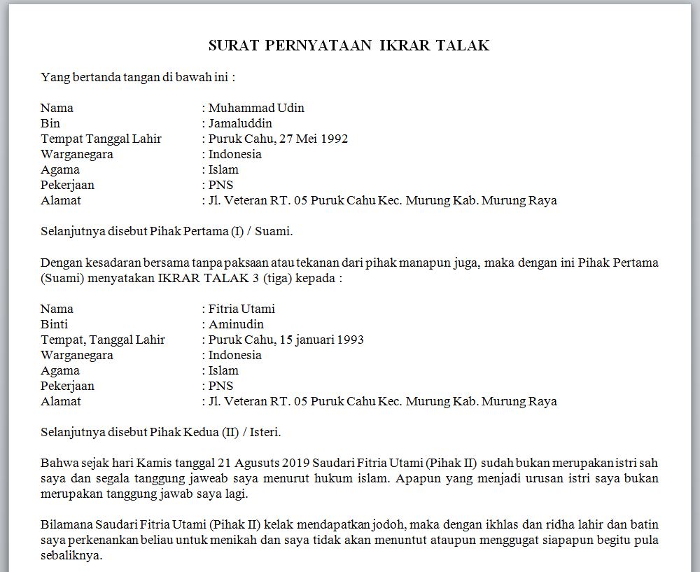 Format Contoh Surat Talak 3 Suami Ke Istri File Word