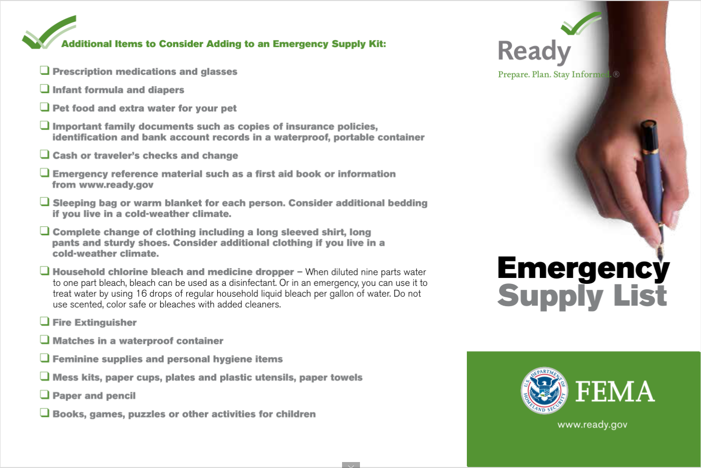 Emergency Supplies Check List for Hurricanes