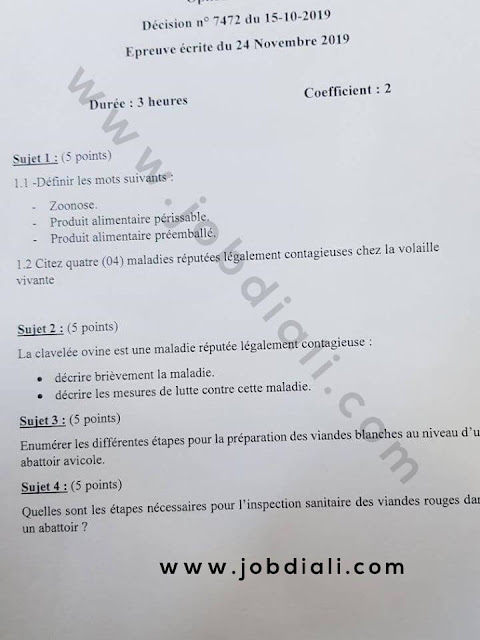 Exemple Concours de Recrutement des techniciens 4ème grade (élevage) 2019 - ONSSA