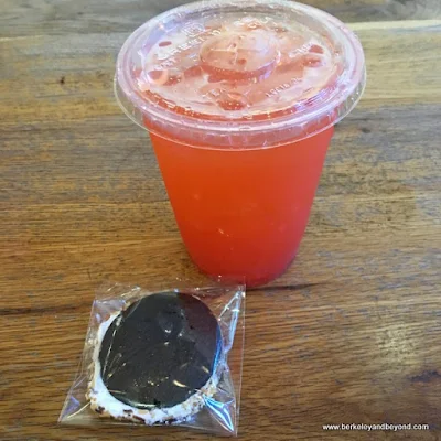 strawberry-lychee drink and coconut cookie sandwich at Bun Mee Vietnamese sandwich shop in San Francisco