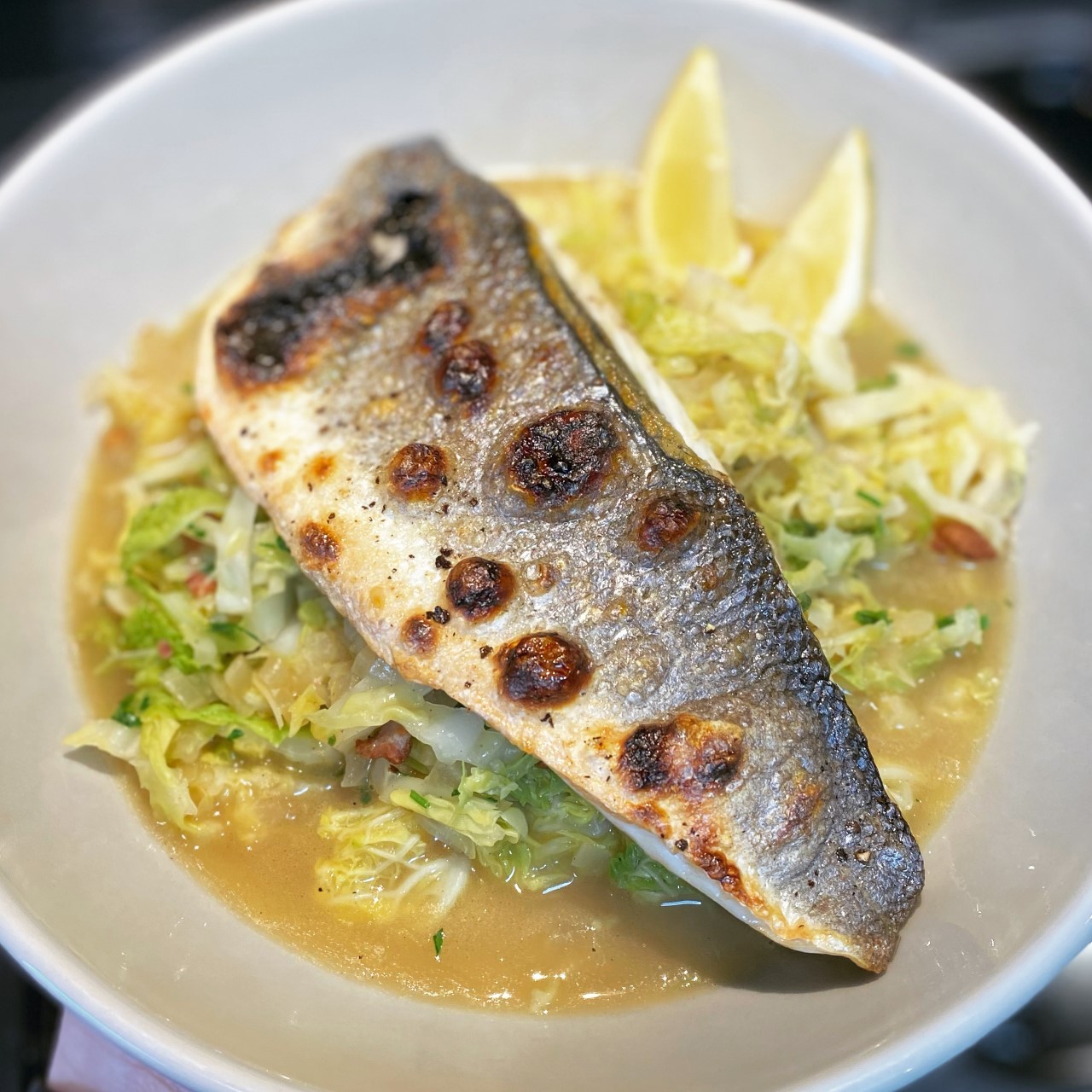 Scorched Seabass with BeerBraised Cabbage