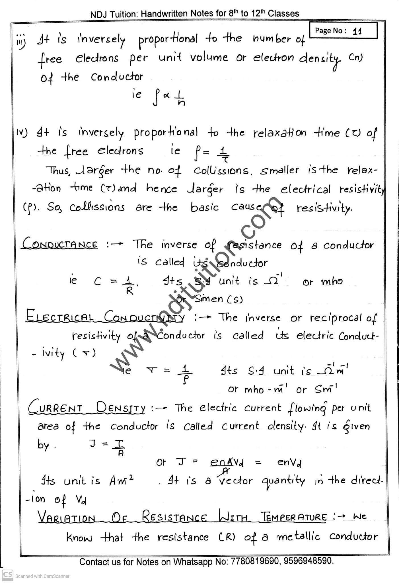 Current Electricity Class 12th Handwritten Notes CBSE NDJ Tuition