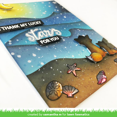 Thank My Lucky Stars for You Card by Samantha Mann, Lawn Fawnatics Challenge, Distress Inks, Ink Blending, Beach, Sunset, Cards, Card Making, Thank You Card, #lawnfawn #lawnfawnatics #cardmaking #thankyoucard #distressinks #inkblending