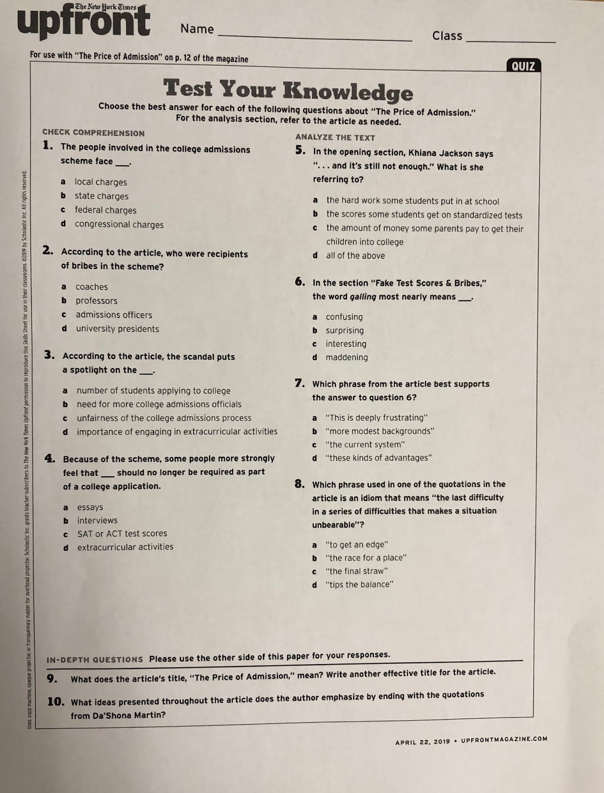 Upfront Magazine Worksheet Answers