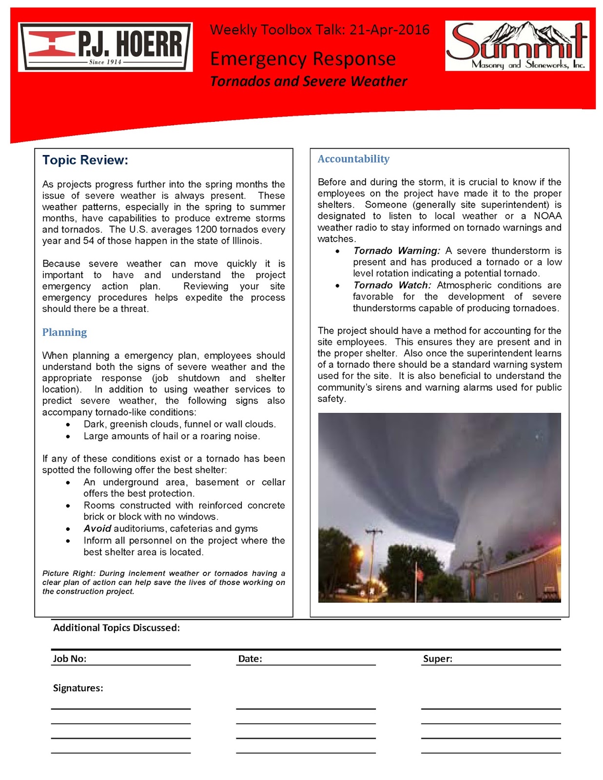 P.J. Hoerr, Inc. P.J. Hoerr & Summit Masonry Weekly Toolbox Talk