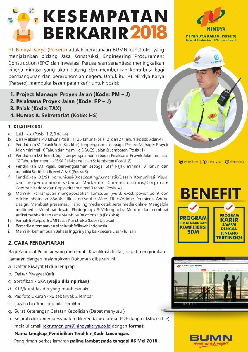 Lowongan Kerja Bumn Pt Nindya Karya Persero Terbaru Rekrutmen Lowongan Kerja Bulan Mei 2021
