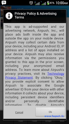 PopUp dari Airpush Cara menghilangkan mengatasi PopUp Privacy Policy & Advertising Terms dari Airpush