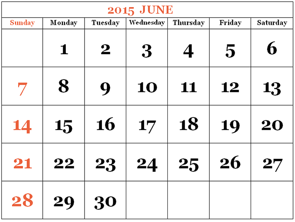 calendar template june 2015
