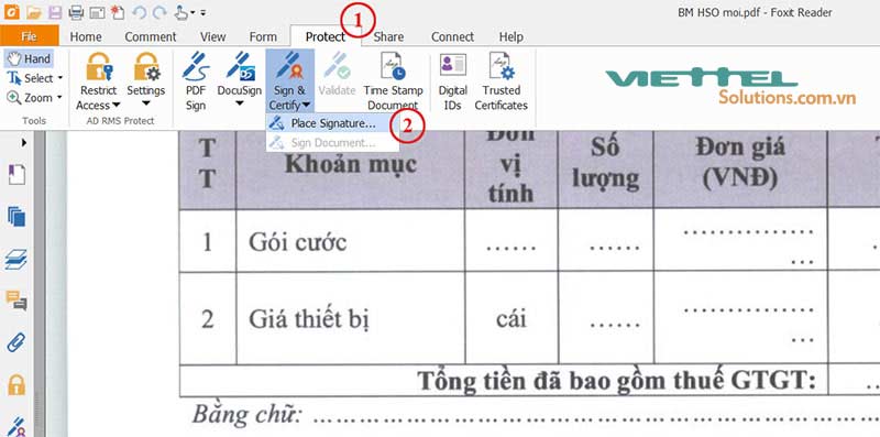 Hình 1 - Chọn Place signatures trên Foxit reader