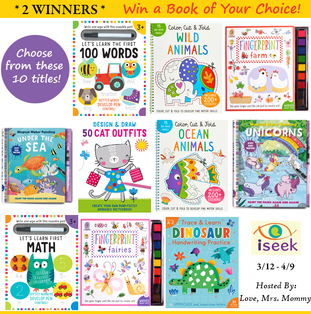 2 Winners! iSeek Learning Fun Activity Book Giveaway! First 100 words, fingerprint books, farm animals, unicorns, math books, dry erase books, ocean animals, ocean finds, learn math