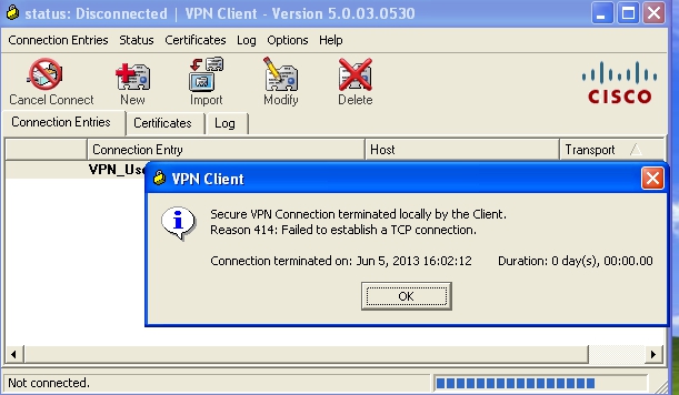 secure vpn connection terminated locally by the client reason 414 failed