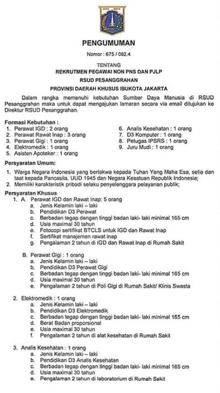 Rekrutmen Pegawai Non Pns Dan Pjlp Rsud Pesanggrahan Rekrutmen Dan Lowongan Kerja Bulan Januari 2021