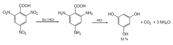 ويحضر فلورجلسينول باختزال 2,4,6-Trinitro benzoic acid