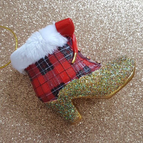 tartan and white fur boot Christmas bauble