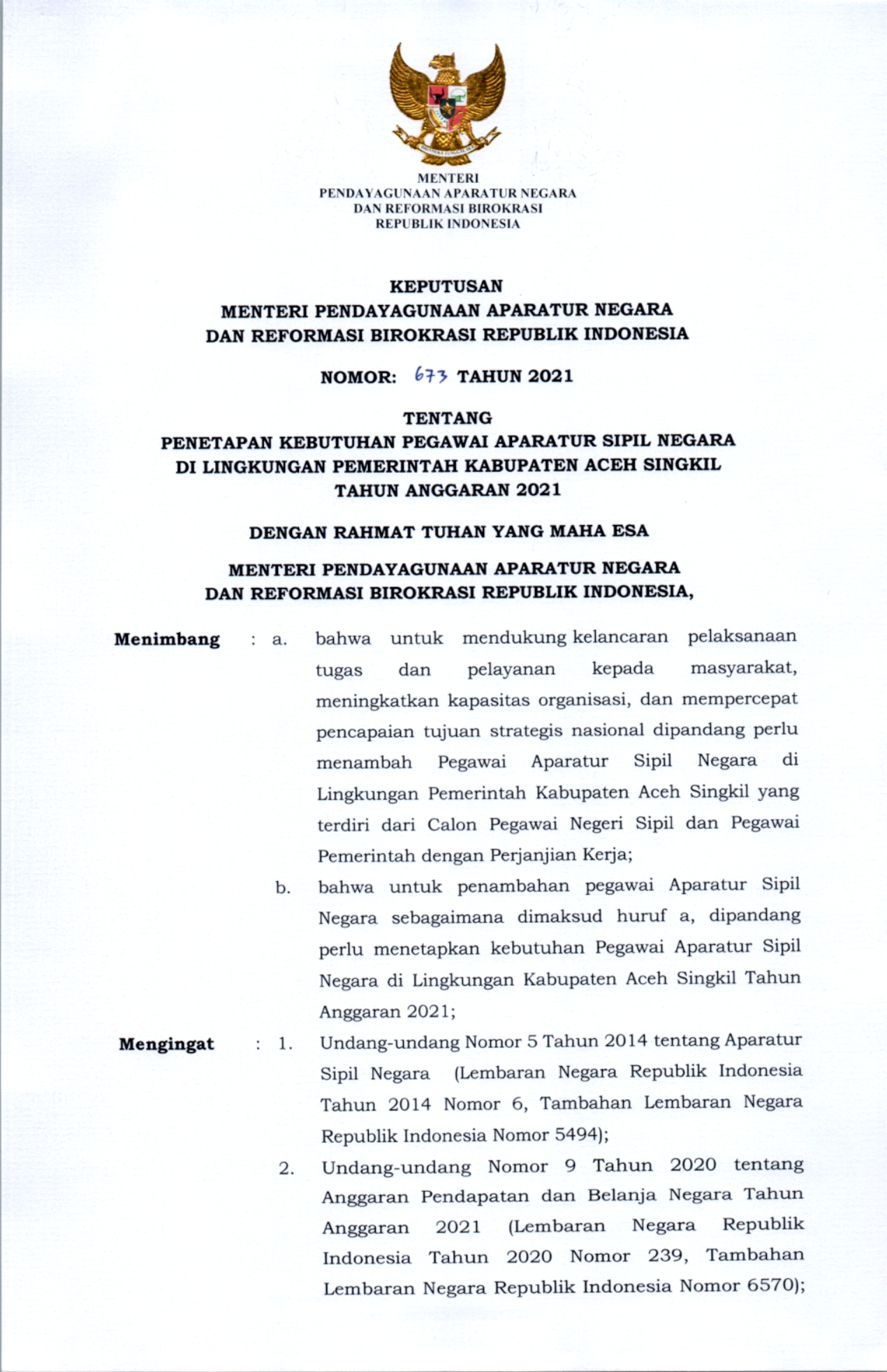 Formasi Asn 2021 Kabupaten Aceh Singkil Dana Milenial