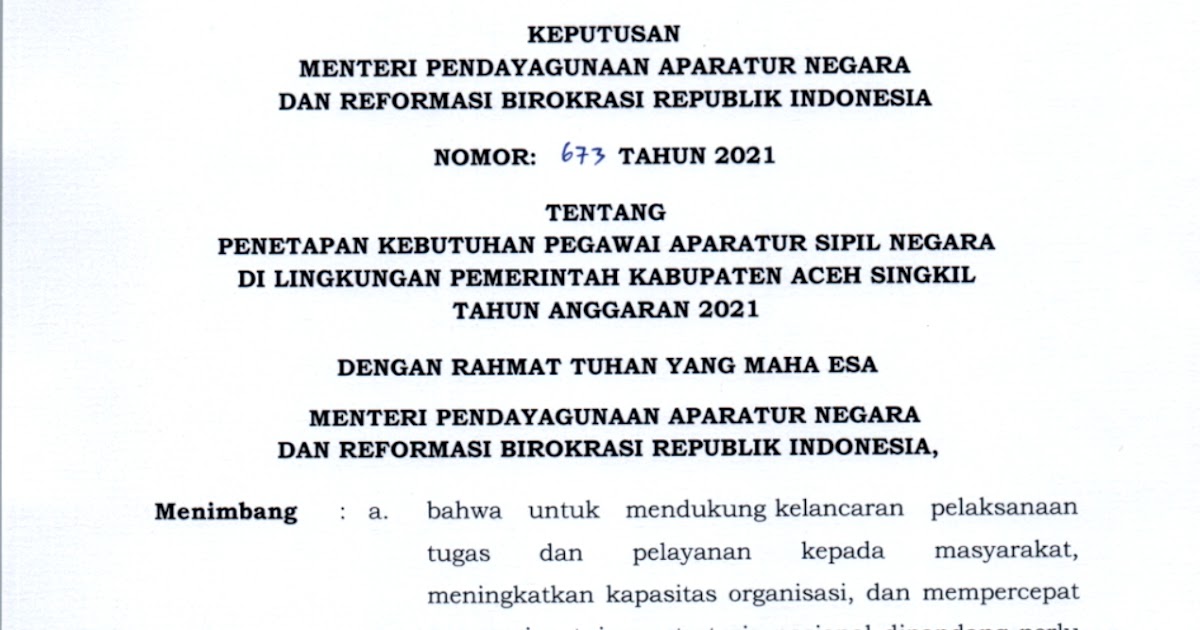 Formasi Asn 2021 Kabupaten Aceh Singkil Dana Milenial