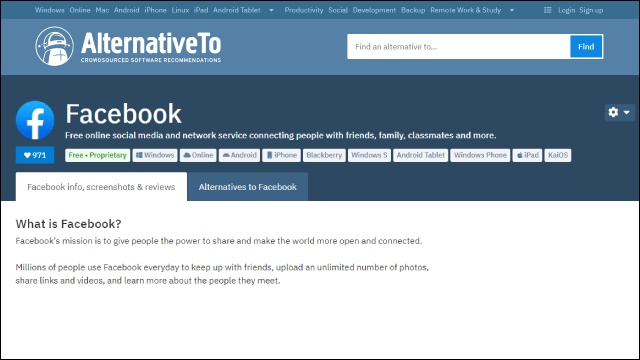 AlternativeTo - Facebook info