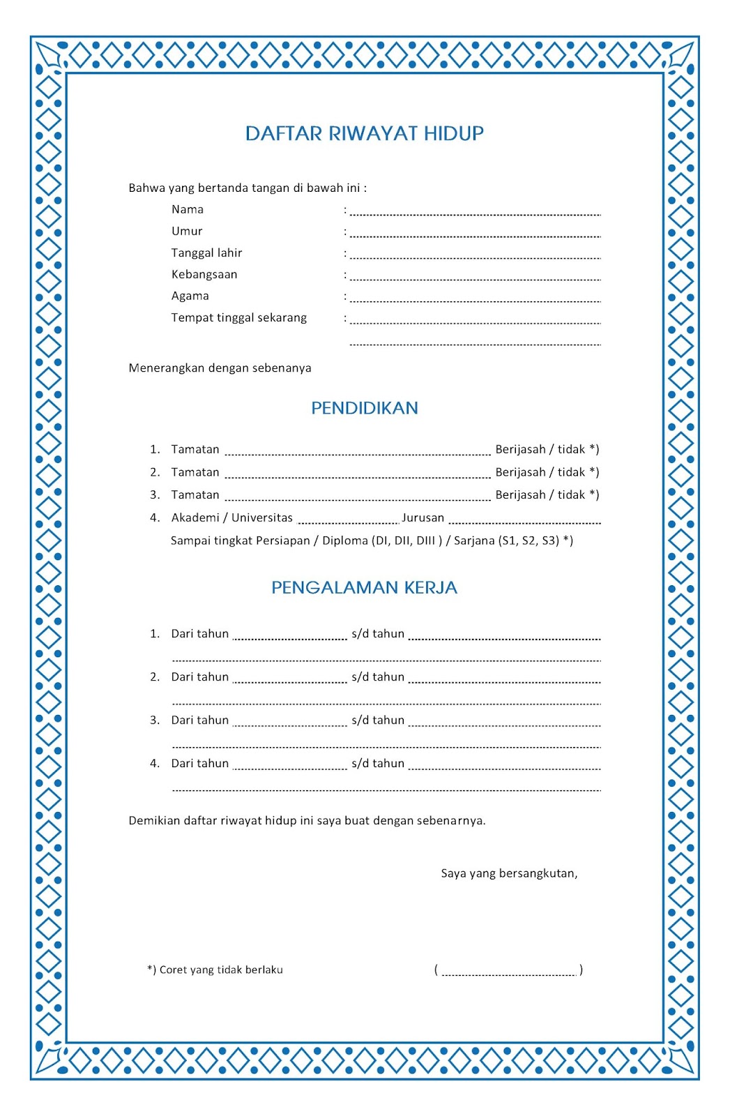 10 Daftar Riwayat Hidup Cv Kosong Untuk Tulis Tangan Format