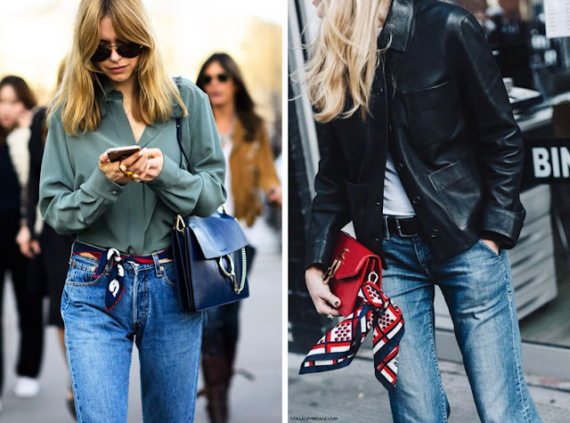 Пояс-платок на джинсах и украшение платок на сумке